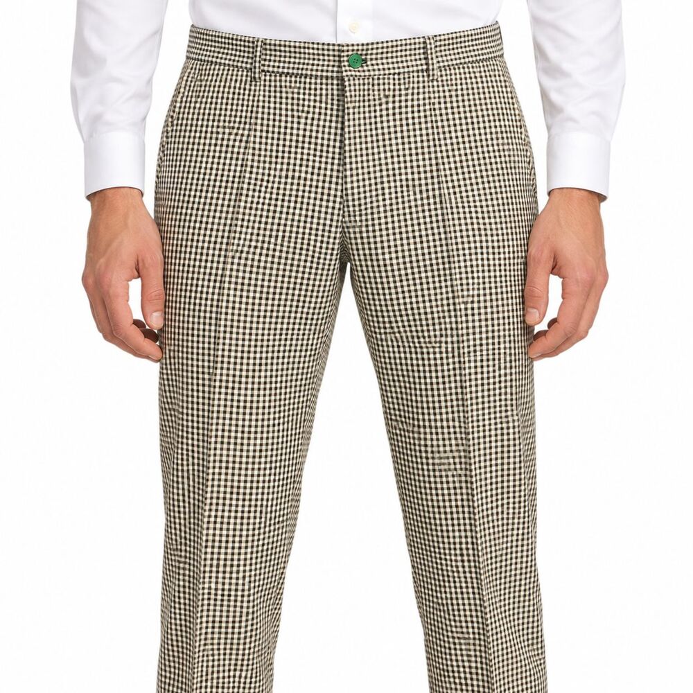 Mens 36 Cream Black Check Cotton Slim Fit Flat Front Dress Pants Trousers NWT